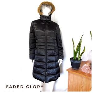 FADED GLORY Long Black Puffer Jacket Size M Faux Fur Trim Hood Ski Winter Wear